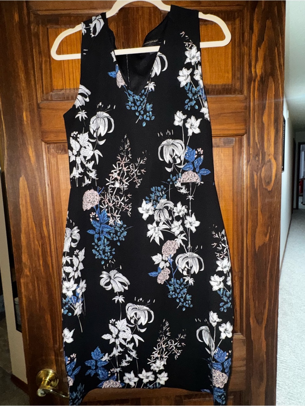 Banana Republic Black Floral V-Neck Dress with Blue & White Blooms
